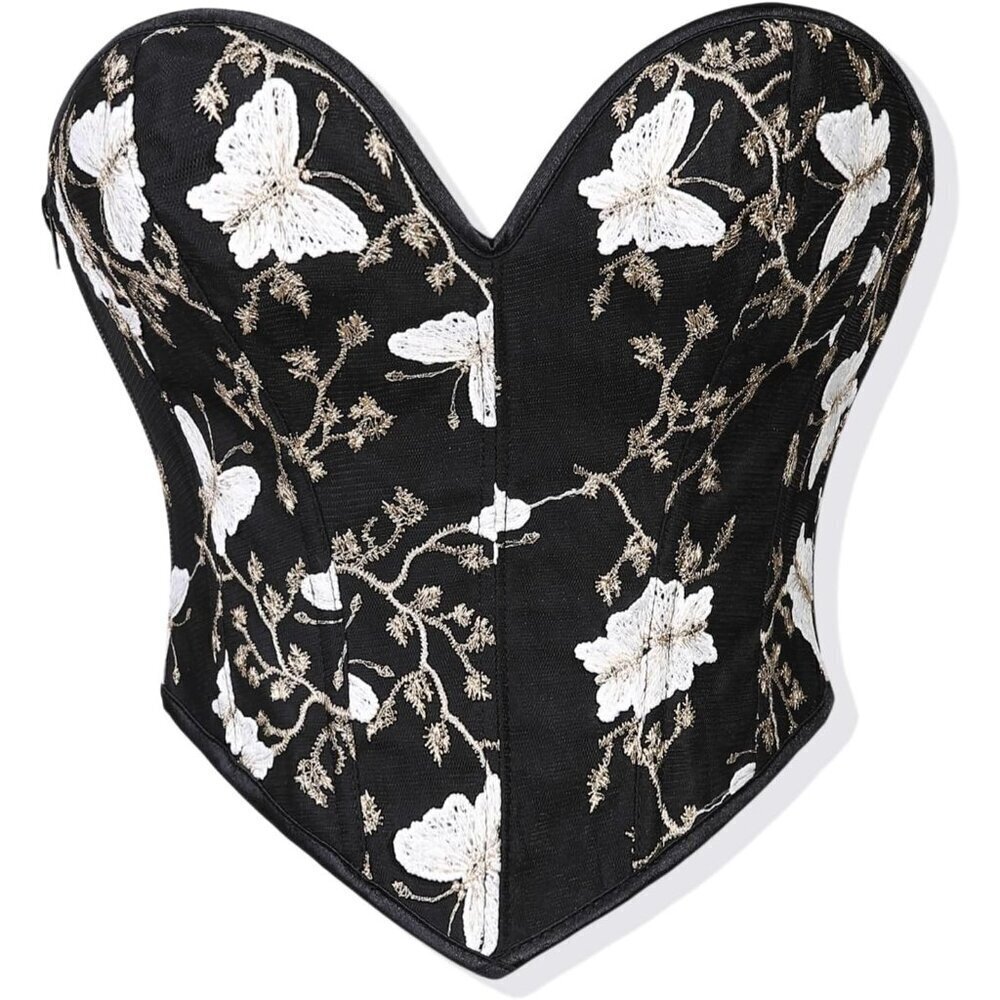 Women Black Floral Lace Up Boned Overbust Corset Top Bustier Lingerie Bodysuit